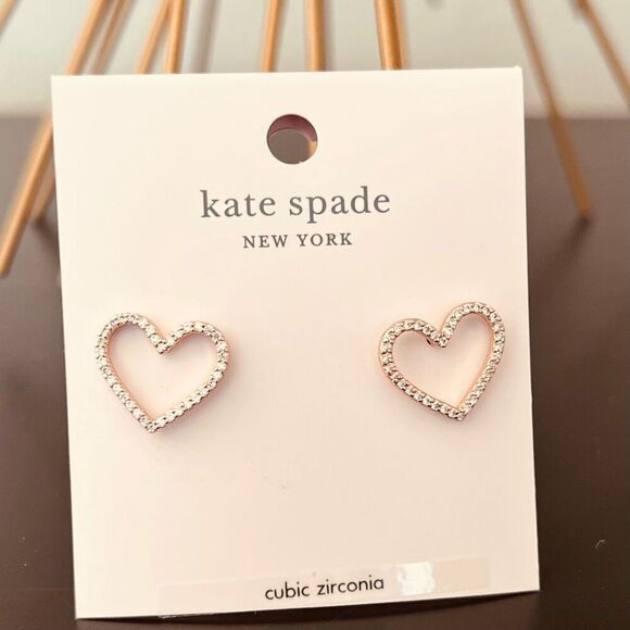 KATE SPADE NEW YORK Pave‎ Heart Stud Earrings, Rose Gold/Diamond Crystal, NWT - Picture 1 of 13